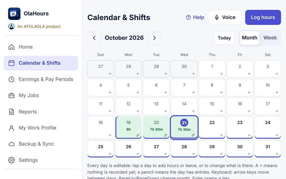 OlaHours calendar showing logged shifts for October