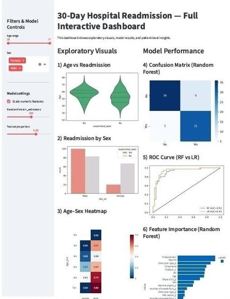 Interactive readmission dashboard: age and sex filters, exploratory charts, confusion matrix, ROC curve and feature importance